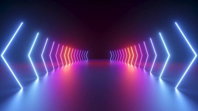 3d cycled animation, abstract pink red blue neon background with glowing gradient arrows, showing direction to the sides. Empty stage