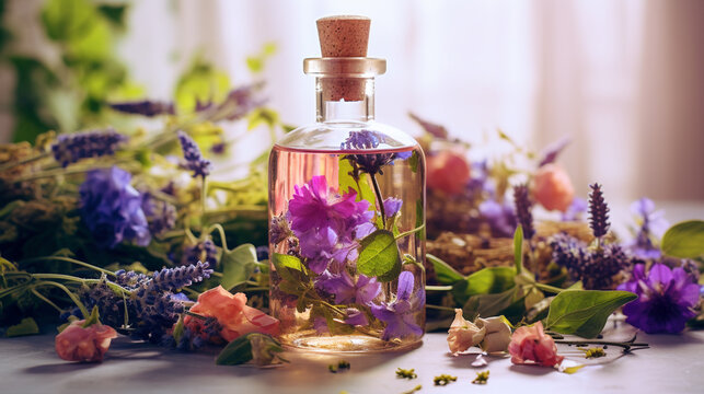 Herb oil bottles homeopathy herbs.Generative AI