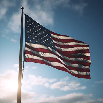 American flag waving in the blue sky. 3d render. Independence Day.