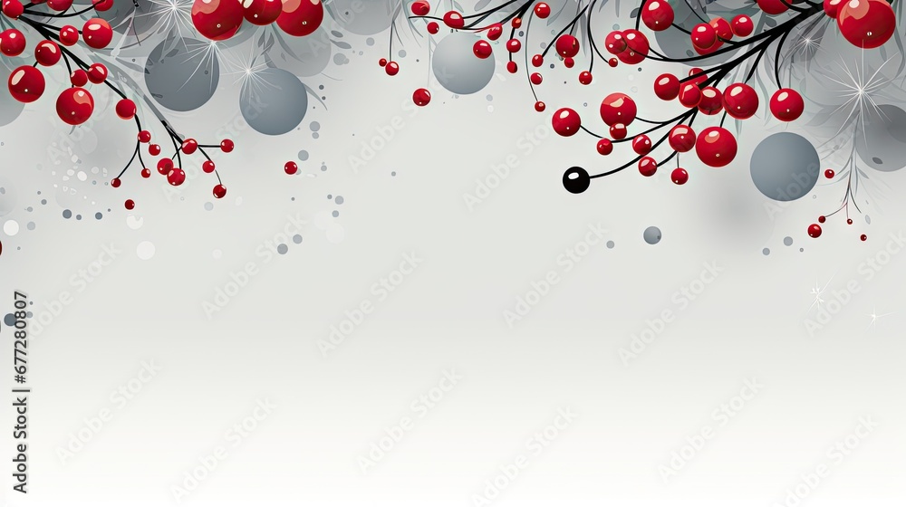 Poster a white background with a bunch of red berries hanging from the branches of a tree with silver balls