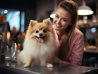 cheerful master groomer in a pink uniform with a dog client in the salon. A dog undergoes a haircut procedure from a professional groomer in a grooming salon.