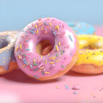 Donuts with sprinkles on a pink background. 3d rendering