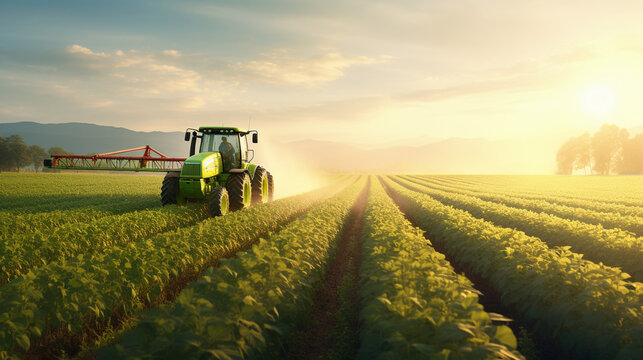 Agricultural Tractor Plowing And Spraying On A Green Field.Generative AI