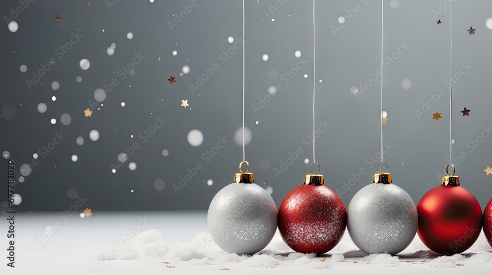 Poster a row of christmas ornaments hanging from strings in the snow with falling snowflakes and stars in t