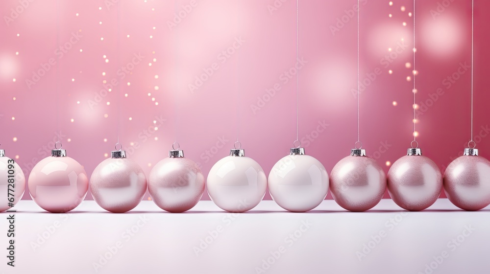 Poster a row of pink and white christmas baubles hanging from a line on a pink and white background with a 