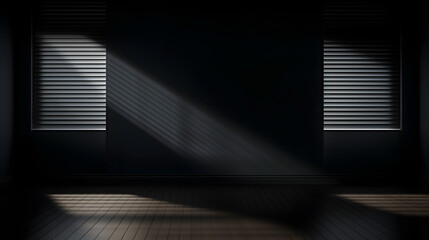 Black wall and smooth floor with beautiful window shadow and sun glare. Universal background for product presentation.