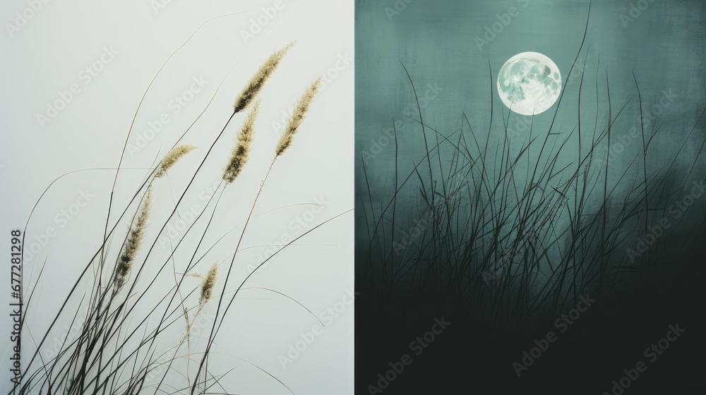 Poster a picture of a full moon in the sky and a picture of tall grass in front of a body of water with a f