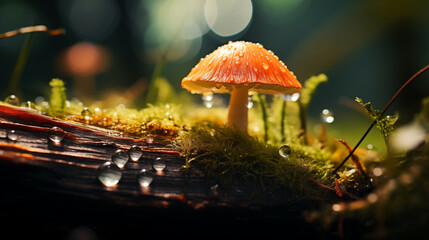 Nature macro photography, close up of mushroom with water droplets - obrazy, fototapety, plakaty