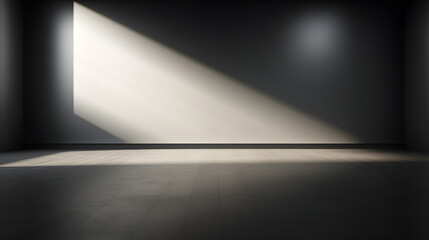 Black wall and smooth floor with beautiful window shadow and sun glare. Universal background for product presentation.