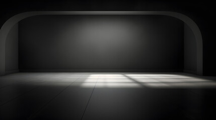 Black wall and smooth floor with beautiful window shadow and sun glare. Universal background for product presentation.