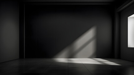 Black wall and smooth floor with beautiful window shadow and sun glare. Universal background for product presentation.