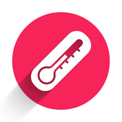 White Meteorology thermometer measuring heat and cold icon isolated with long shadow background. Thermometer equipment showing hot or cold weather. Red circle button. Vector