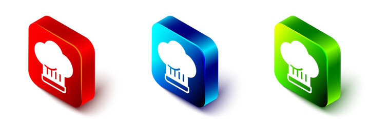 Isometric Chef hat icon isolated on white background. Cooking symbol. Cooks hat. Red, blue and green square button. Vector