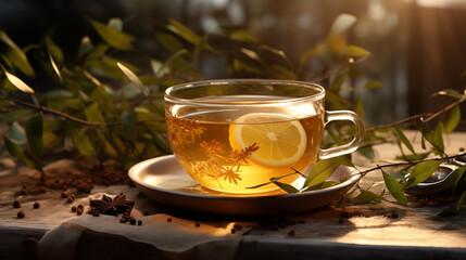 beautiful lemon tea background. cup of tea. table. tea leaves. copy space.rustic style - obrazy, fototapety, plakaty