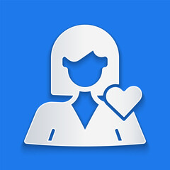 Paper cut Romantic girl icon isolated on blue background. Happy Valentines day. Paper art style. Vector