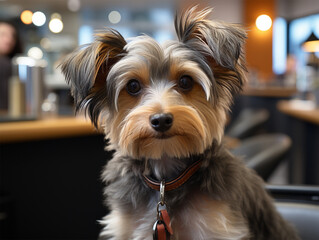cute dog client in a pet salon. A dog undergoes a haircut procedure from a professional groomer in a grooming salon.