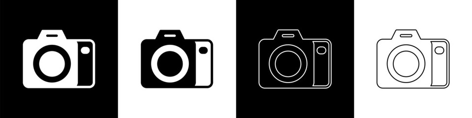 Set Photo camera icon isolated on black and white background. Foto camera. Digital photography. Vector