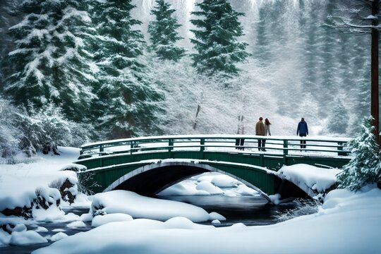 Picture a snow-covered bridge spanning a frozen river, surrounded by towering evergreens. A couple strolls hand in hand, their breath visible in the crisp winter air