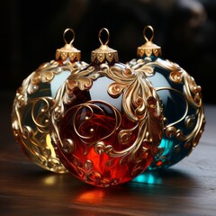 red, yellow, and teal christmas baubles with intricate gold inlay, Christmas holiday ornaments, generative ai 