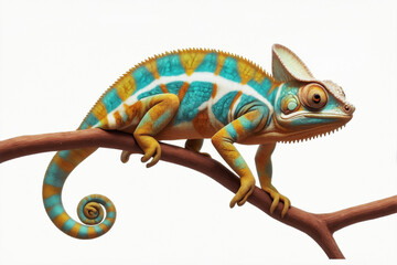 Close-up of Chameleon on the branch on white background background