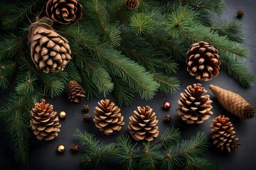 overhead view on spuce and thuja branches with cones, Christmas background