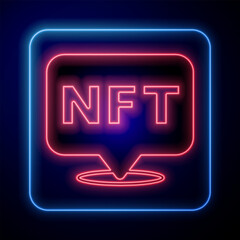 Glowing neon NFT Digital crypto art icon isolated on black background. Non fungible token. Vector - obrazy, fototapety, plakaty