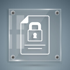 White Document and lock icon isolated on grey background. File format and padlock. Security, safety, protection concept. Square glass panels. Vector