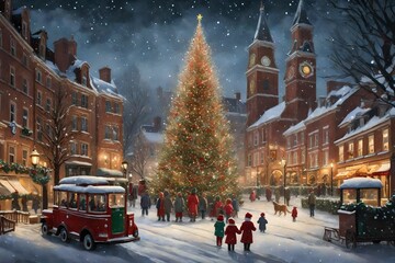 Capture the magic of a snowy town square on Christmas Eve, with a towering Christmas tree, carolers...