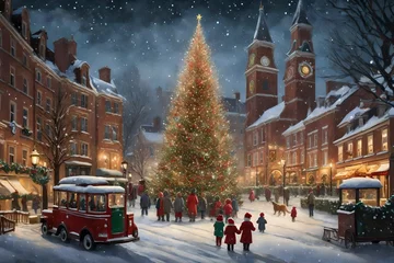 Fotobehang Capture the magic of a snowy town square on Christmas Eve, with a towering Christmas tree, carolers singing, and children eagerly waiting for Santa's arrival © Muhammad