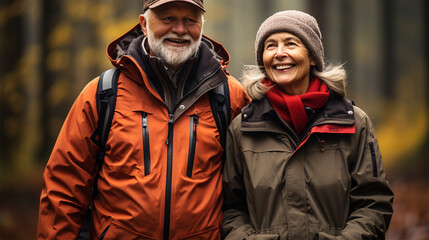 Fototapeta premium Portrait of an older couple in the park.Old couple walking outside in autumn