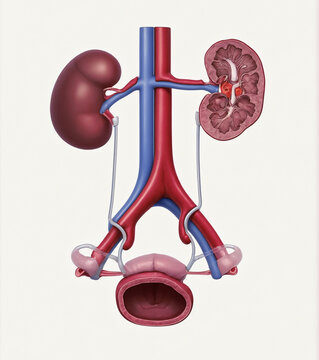 3D render depicting human organ sections - ureter, bladder, and kidney. Medical illustration of excretion process and urinary anatomy