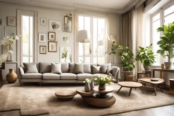 Fototapeta premium Interior of living room with decorative vases and sofas.