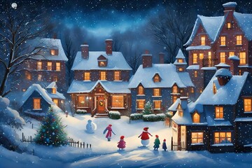 Fototapeta na wymiar Envision a winter scene where children are building snowmen and having a snowball fight, surrounded by houses adorned with twinkling Christmas lights