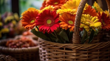 Obraz na płótnie Canvas Basket of colorful gerbera flowers in a rustic style. Springtime concept with a space for a text. Valentine day concept with a copy space.
