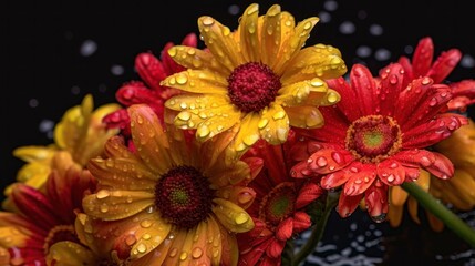 Bouquet of colorful gerbera flowers with water drops on black background. Springtime  concept with a space for a text. Valentine day concept with a copy space.