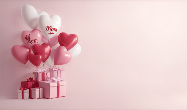 Mother's Day festive scene with a 3D render showcasing a gift box, balloons, and  word Mom text