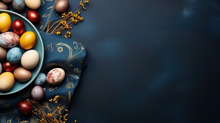 dark blue easter banner with painted eggs - copyspace mockup template