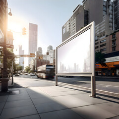Blank billboard on the city street at sunset. 3d rendering