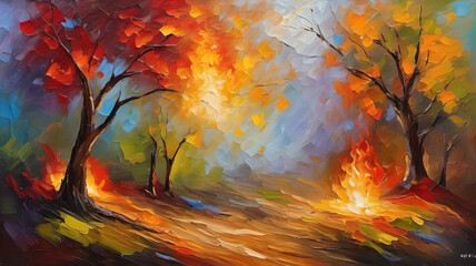Naklejka na ściany i meble autumn forest fire