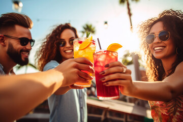 Multiracial Friends Toasting Cocktail Glasses, Spreading Happiness at an Outdoor Vacation Together.