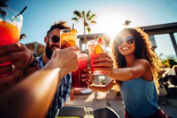 Multiracial Friends Toasting Cocktail Glasses, Spreading Happiness at an Outdoor Vacation Together. - obrazy, fototapety, plakaty