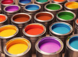 A 3D illustration showcasing a variety of colorful paint cans bucket tin