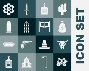 Set Western stagecoach, Buffalo skull, Money bag, Alcohol drink Rum bottle, Detonate dynamite bomb stick, Bullet, Revolver cylinder and Saloon door icon. Vector