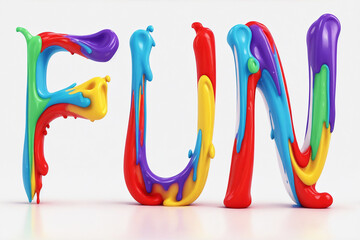 A colorful rainbow-colored word FUN text made up of fluid melt dripping liquid flow dripping