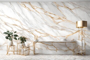 An artistic representation of white marble with delicate rose veins, elegantly intertwined with shimmering gold accents, producing a visually stunning and refined texture.