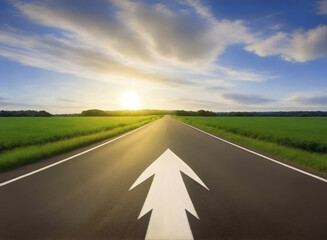 Asphalt empty road with arrow sign to horizon