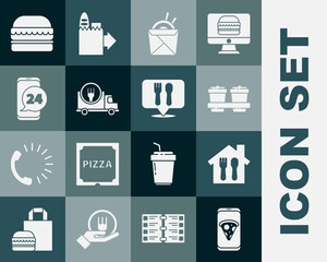 Set Food ordering pizza, Online and delivery, Coffee cup to go, Asian noodles chopsticks, Fast by car, Burger and Cafe restaurant location icon. Vector