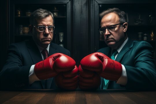 Democrats and Republicans in the campaign with boxing gloves. Two man fighting.