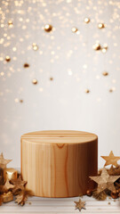 A simple wooden podium on a minimalistic festive background. Vertical backdrop for product display in social media stories.