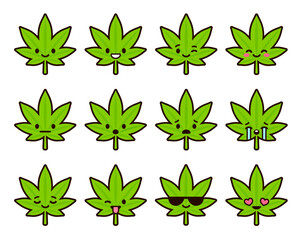 Cute cartoon cannabis emoticons set